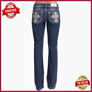 Mid Rise Bootcut Jeans with Embroidered Cross Pockets, Stretch Denim